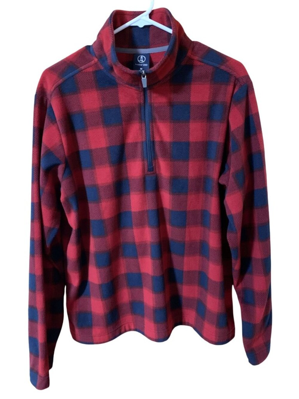 Lands' End Medium Buffalo Check Quarter Zip Fleece Pullover Red Black Outdoor